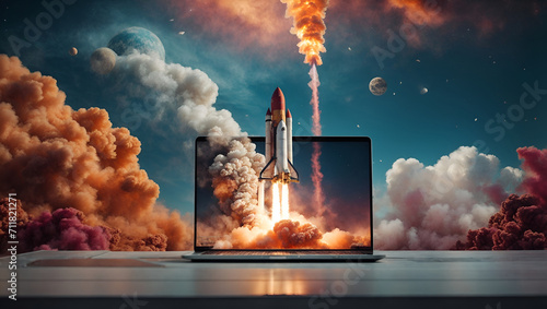 Space rocket launch and take off from laptop. Human civilization progress concept. Advance technology idea. With copy space. photo