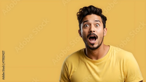 man reacting to a surprise, solid yellow background, standing, 8k, with copy space .generative AI © Zohaib