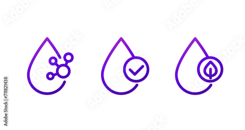 Acid drop line icons with molecule, check mark, leaf photo