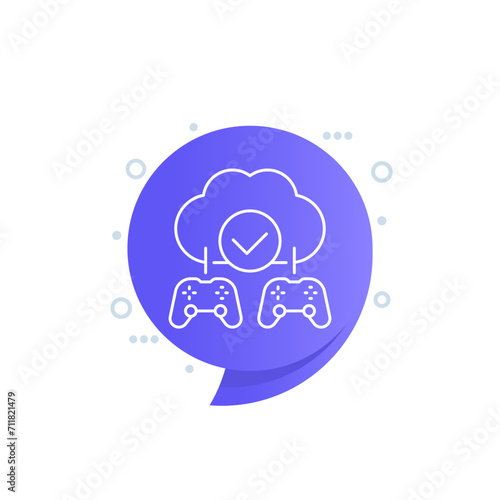 Cloud gaming line icon with game controllers, vector