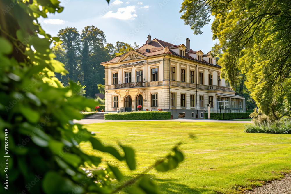Jugendstil Villa with Perfectly Manicured Park, Detail Shot, Brightly Renovated Facade