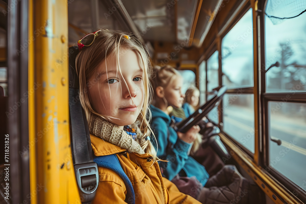 kid on schoolbus, schoolbus, school, kids on a bus, going to school, road to school, yellow school bus