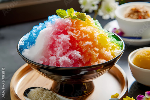 Ais kacang from Malaysia - A colorful shaved ice dessert topped with various ingredients like red beans, corn, grass jelly, and drizzled with sweet syrups and condensed milk photo