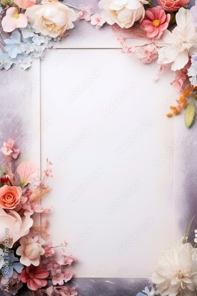 minimalistic frame with natural natural floral background, spring summer background, blank mock up for card or invitation, selective