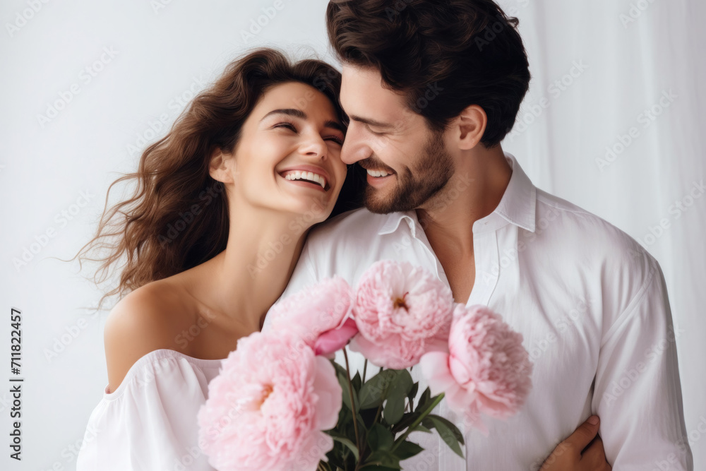 beautiful young couple in love girl model with a young man with a bouquet of flowers, international women's day, warm relationship care and attention beautiful young couple in love girl model with a young man with a bouquet of flowers, international women's day, warm relationship care and attention