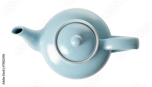 Blue ceramic teapot isolated on transparent background. top view
