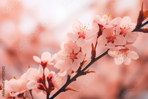 blossoming branch of a cherry apple tree  spring background of a pleasant peach color  copy space  place for text  gentle minimalistic