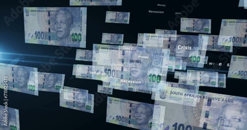 South Africa Rand banknote loop. Flying between transparent money South African 100 ZAR note. 3D seamless looped abstract concept of business, economy, finance, crisis and banking. photo