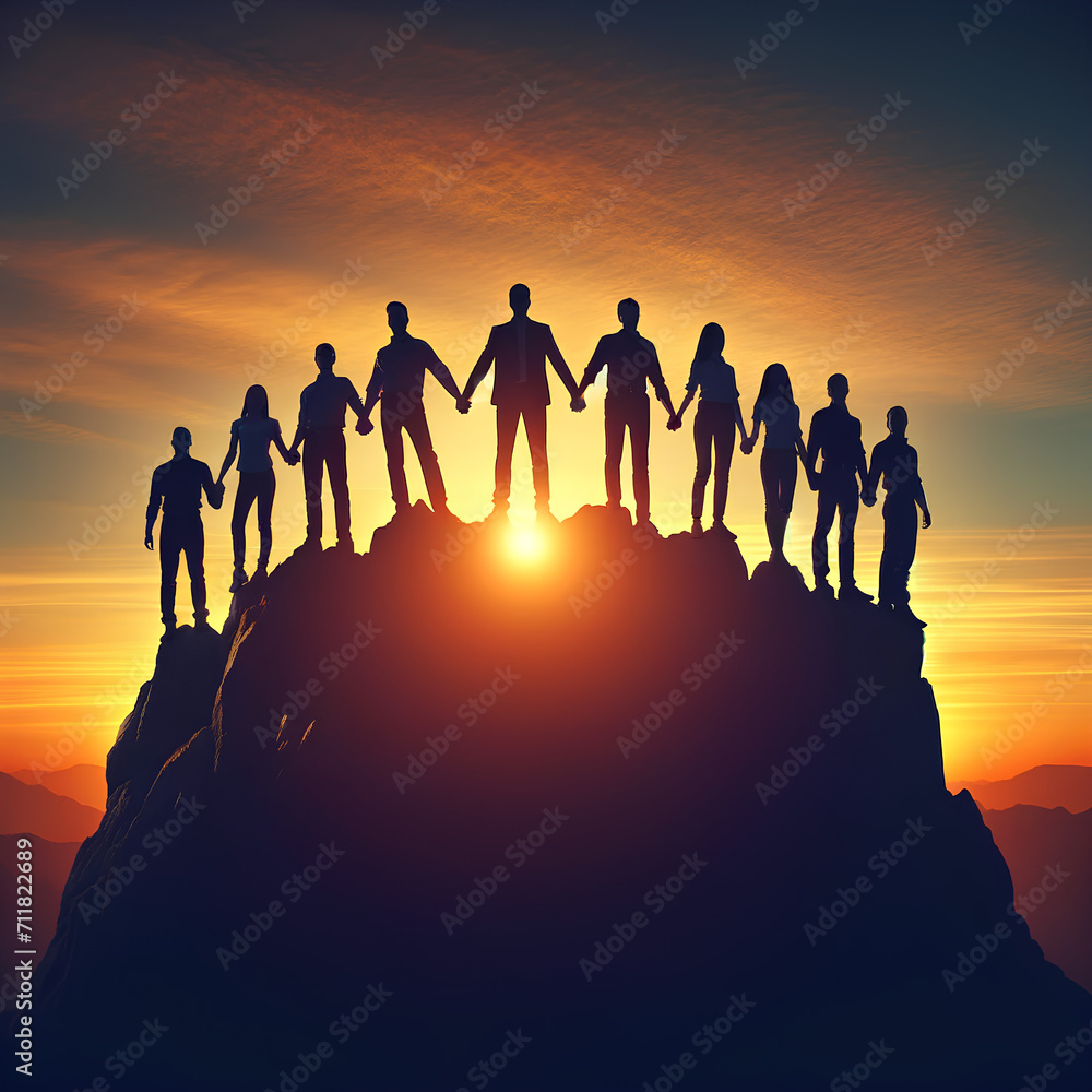 Team Triumph: United at the Summit at Sunset, group of people in silhouette, holding hands together on the summit of a mountain, symbolizing successful teamwork, set against a clear sky at sunset.