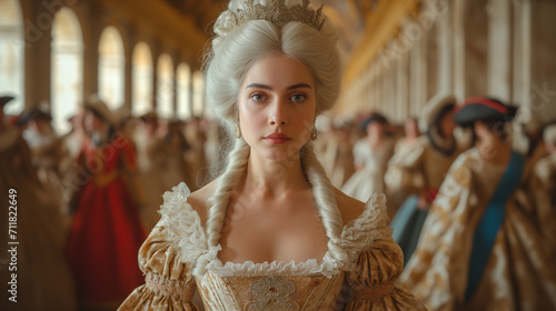 Portrait of a eighteenth century French noble woman in an ancient building hall (AI generated). photo