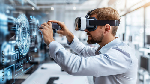 man in an office is using a VR headset, touching a holographic interface that appears in front of him photo