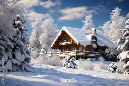 snowy log cabin in snowy mountain winter landscape, in the style of historical, landscape-focused