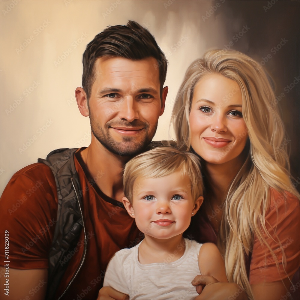 Portrait of a happy family with a child on a light background. AI. Portrait of a happy family with a child on a light background. AI.