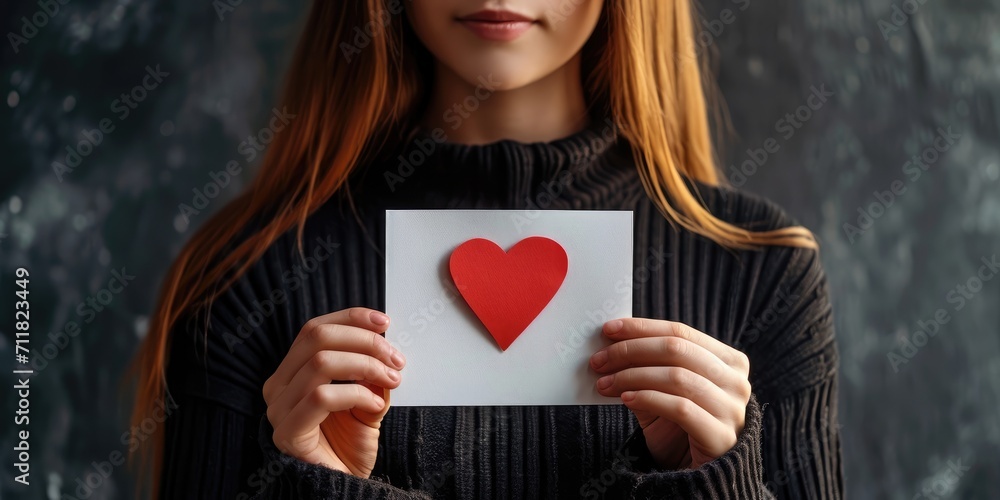 Young woman holding a card with a red heart on a dark backgroun. Valentine's Day Concept Young woman holding a card with a red heart on a dark backgroun. Valentine's Day Concept