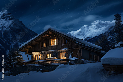 beautiful mountain chalet in the alps on a snowy evening, in the style of large-scale