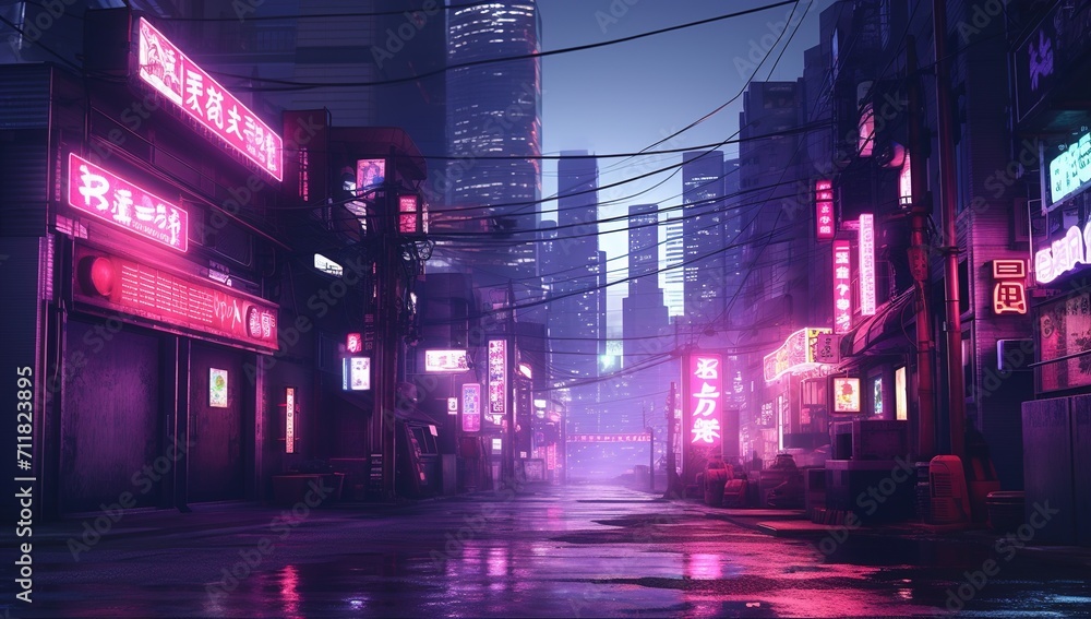A deserted street in a cyberpunk city with neon lights and rain A deserted street in a cyberpunk city with neon lights and rain