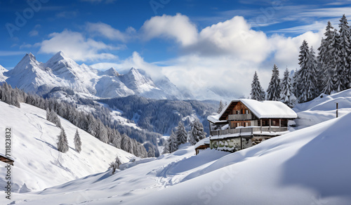 snowy log cabin in snowy mountain winter landscape, in the style of historical, landscape-focused