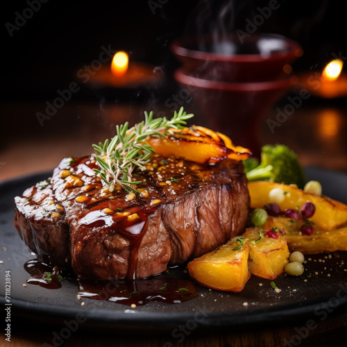 Photograph of a Sumptuous Steak Artfully Presented in a Gourmet Restaurant Setting. The Perfect Blend of Culinary Craftsmanship and Visual Delight, Eliciting an Appetite for Fine Dining