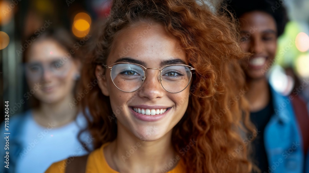 Portrait of a cheerful young woman with curly red hair and glasses, with diverse friends in the background Portrait of a cheerful young woman with curly red hair and glasses, with diverse friends in the background