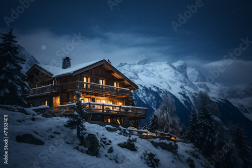beautiful mountain chalet in the alps on a snowy evening, in the style of large-scale