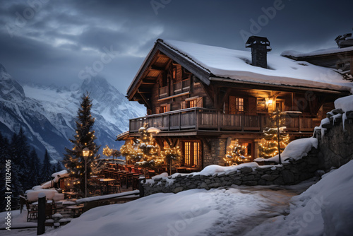 beautiful mountain chalet in the alps on a snowy evening, in the style of large-scale    © Possibility Pages