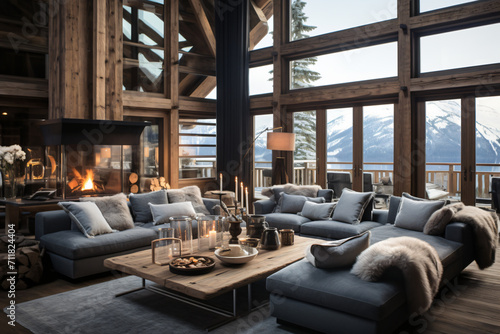 a traditional chalet in the mountains of switzerland, in the style of soft lighting, gray and azure, rich    © Possibility Pages