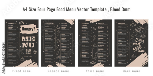 Restaurant cafe menu, template design, A4 size four page food menu template, Bleed 3mm