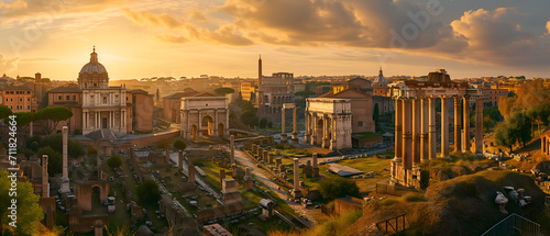 Ancient Civic Ruins Bathed in Sunset Glow photo