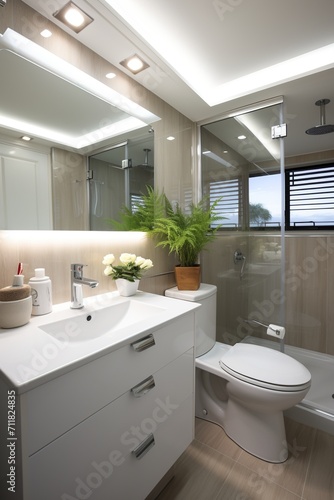 Modern bathroom interior with large glass shower and white vanity