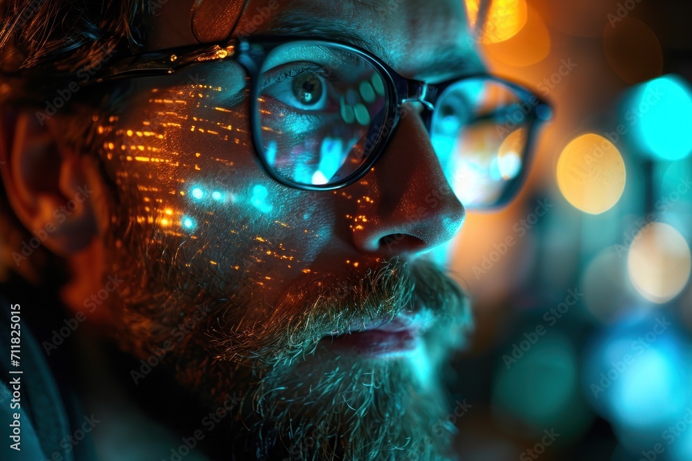 Close-up cinematic portrait of a man with a reflection of computer code in his glasses Close-up cinematic portrait of a man with a reflection of computer code in his glasses
