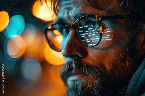 Close-up cinematic portrait of a man with a reflection of computer code in his glasses photo