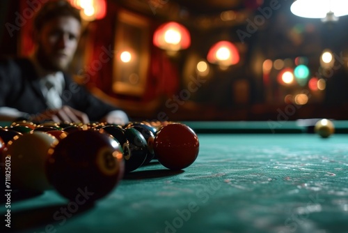 Competitors engage in snooker games, observed by fellow players photo