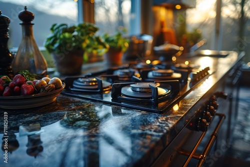 Gas stove in a rustic kitchen