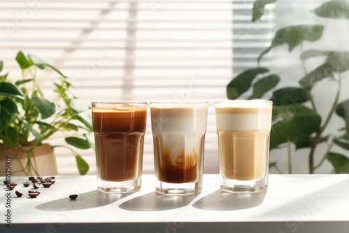 Three glasses of coffee drink against the backdrop of a modern cafe