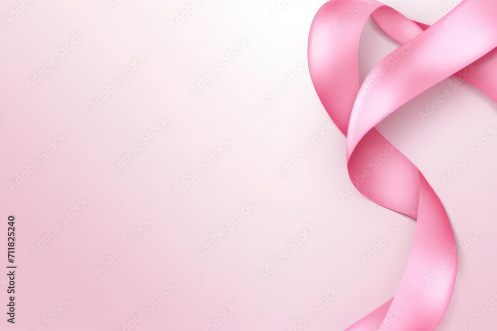 Pink ribbon on a pink background, background with copy space on the left. Breast Cancer Awareness Month. AI generative. Pink ribbon on a pink background, background with copy space on the left. Breast Cancer Awareness Month. AI generative.
