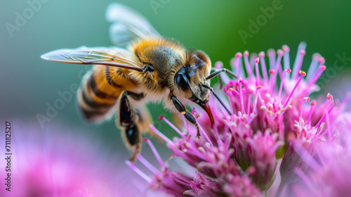 a close-up of a bee hovering over a flower Ai generative