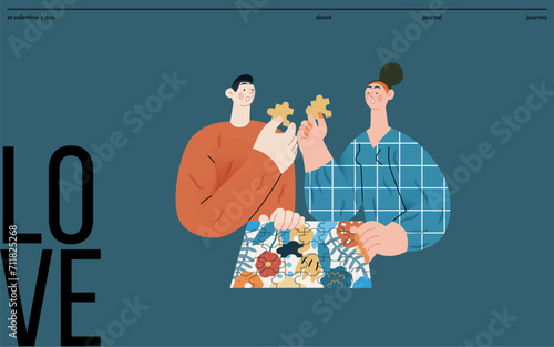 Valentine: Unexpected Match -modern flat vector concept illustration of a couple with duplicate puzzle pieces, a twist in their completion. Metaphor for life's surprising coincidences in relationships