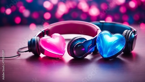 Digital heart with headphones. Background with glowing neon lights ai generated