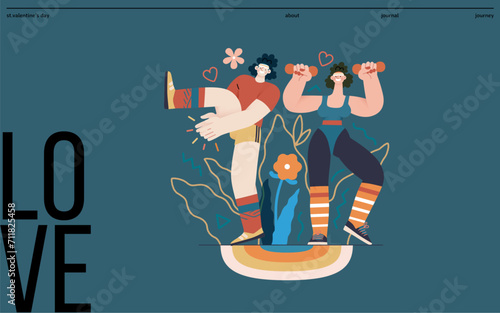 Valentine: Fitness Duo - modern flat vector concept illustration of a couple engaging in a fun aerobics workout together. Metaphor for the strength and vitality of their partnership