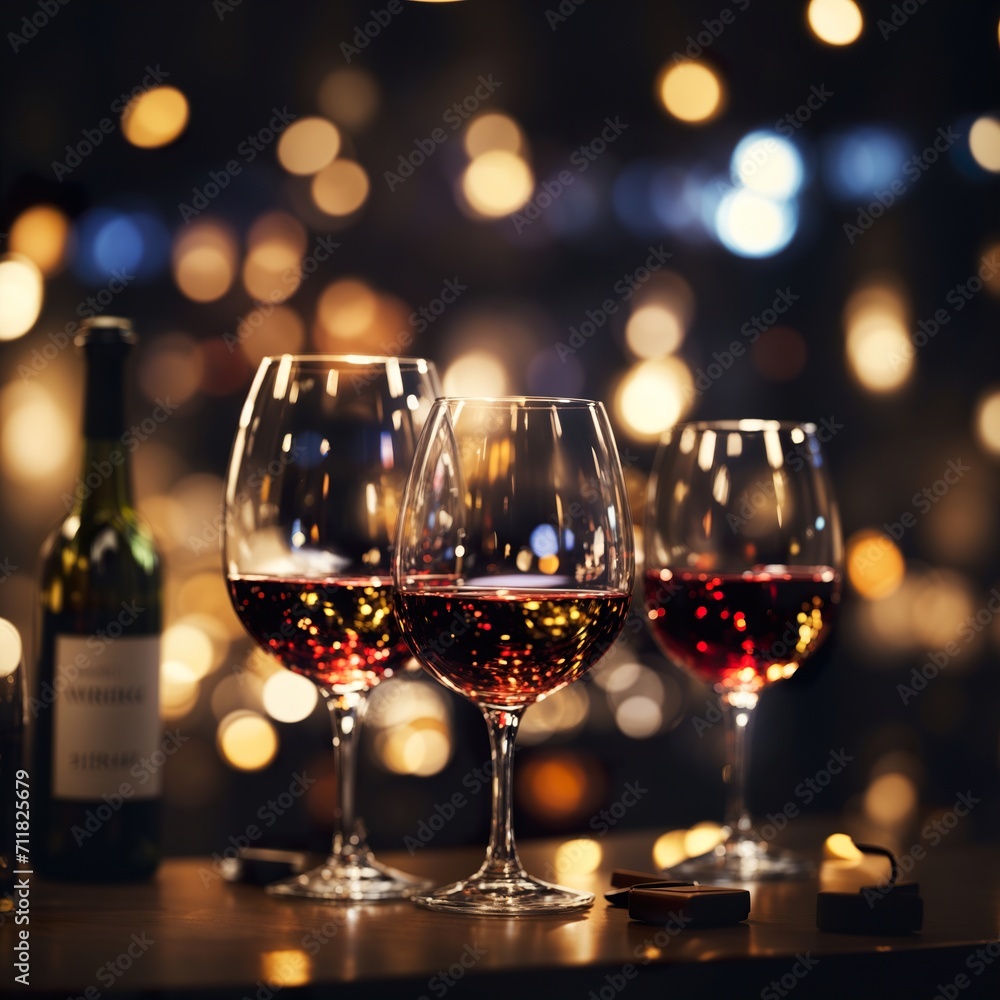 Two glasses of wine close up, bokeh lights, Valentine's Day ai generated Two glasses of wine close up, bokeh lights, Valentine's Day ai generated