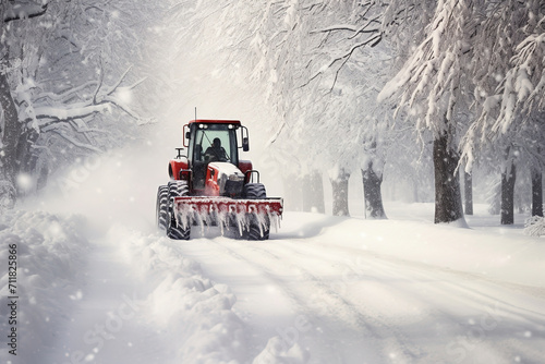 Tractor with snow plow and rear brush for sweeping snow driving on snowy road during winter storm