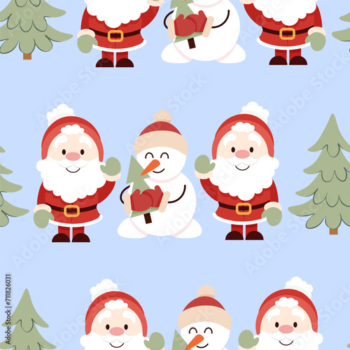 Snowman and Santa Claus in Christmas seamless pattern © Yevheniia