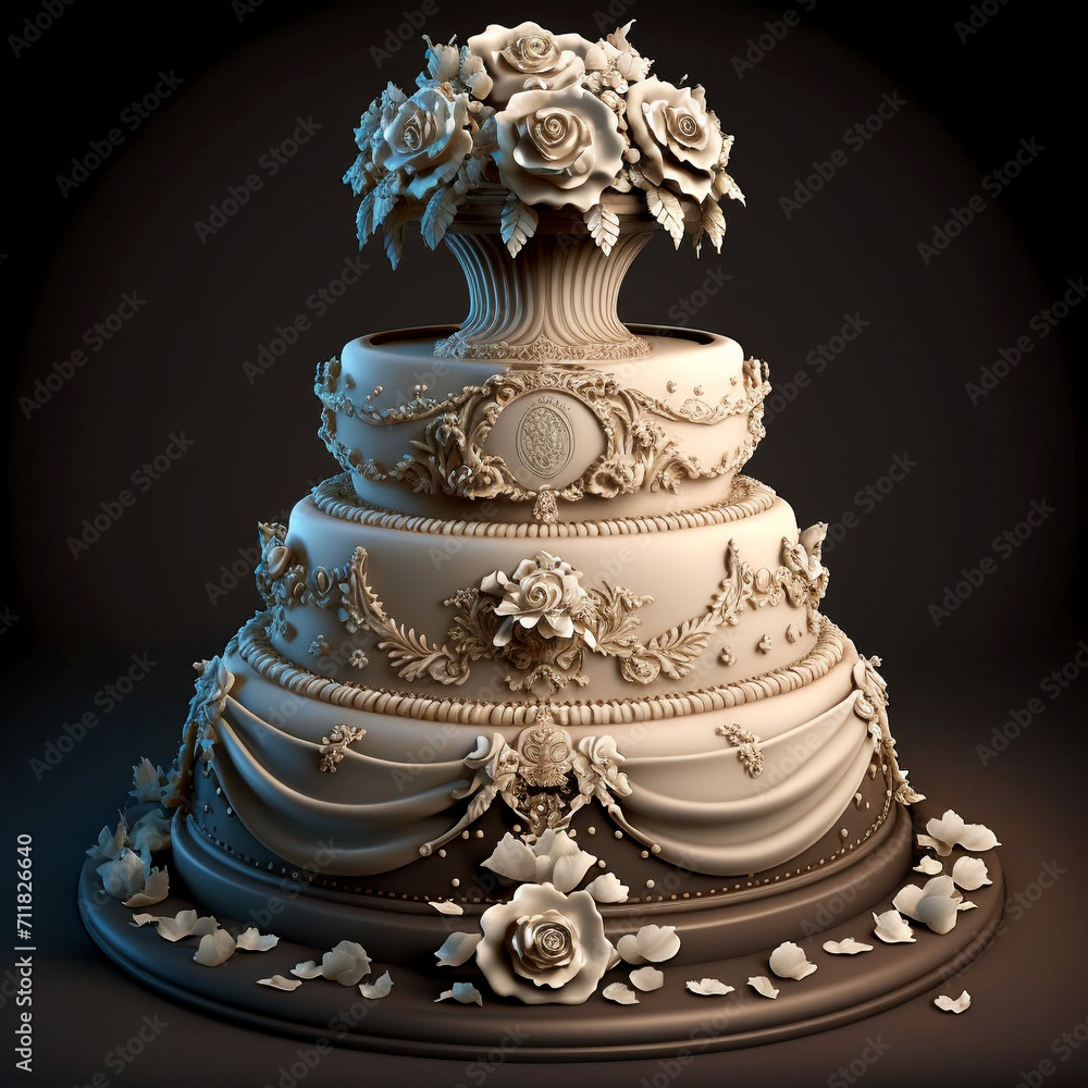 Obraz premium Luxury cake, very unusually decorated. Beautiful background. For weddings and large events. Culinary art. On a beautiful table.
