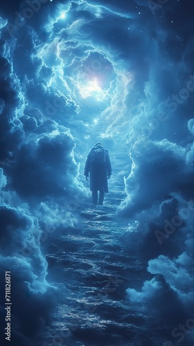 Illustration of an individual journeys up the stairway to heaven, transcending mortality and entering the afterlife. Ascending through celestial clouds. Walking to paradise on a staircase.