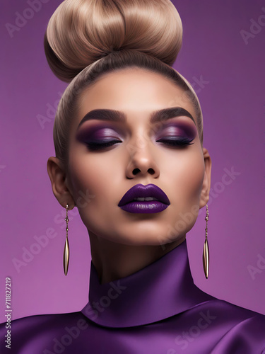 Portrait of woman with purple, violet makeup. Skincare, beauty, promotional shot. Purple lipstick, purple eyeliner and mascara. Detailed skin, hairstyle and makeup. 