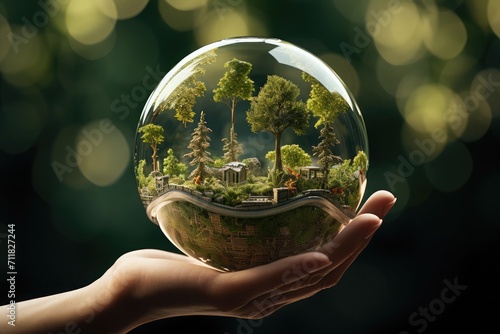 Hands holding glass globe world In green forest World environment and earth day concept