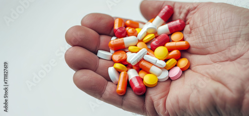 close-up hands full of pill capsules 