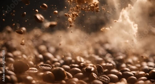 a coffee seed explosion into the camera in a dynamic and visually striking moment, to emphasize the unique transition of one coffee seed, creating a captivating visual narrative. photo