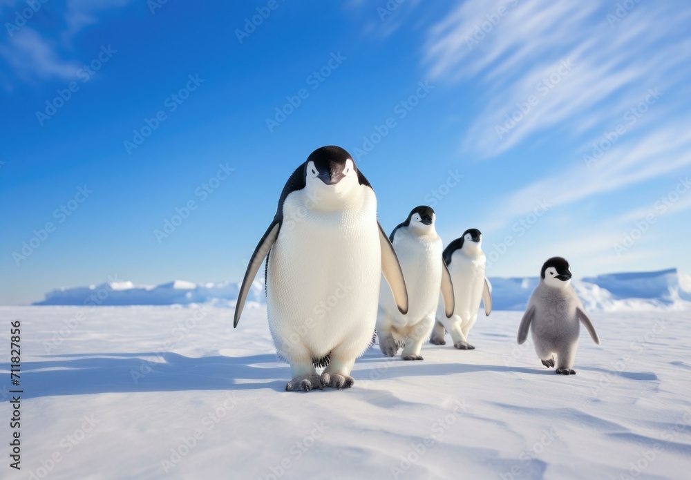A group of adorable penguins waddle across a snowy landscape, leaving tiny footprints behind. Generative AI.