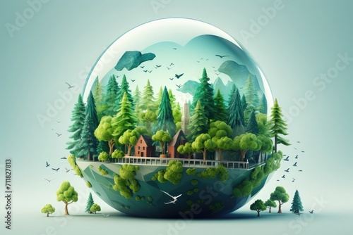 World environment and earth day concept with globe map, Green planet glass globe world In green forest